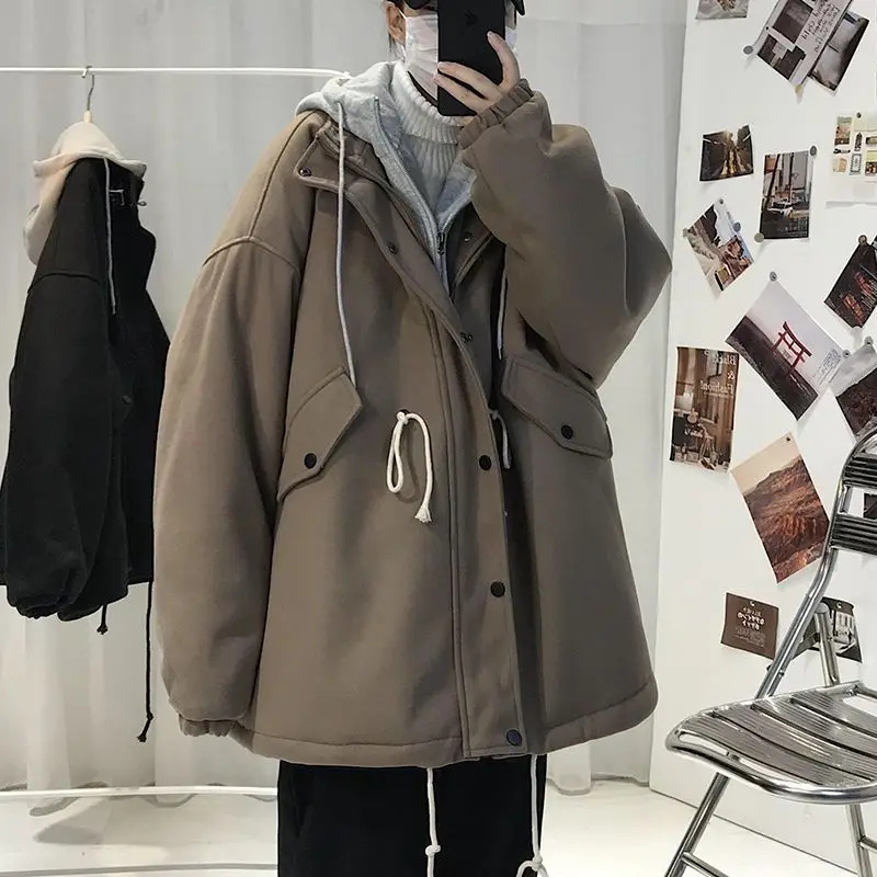 

Fake two-piece cotton coat Winter Trend Hong Kong styleThicken hooded handsome jacket Loose All-match Student casual man clothes