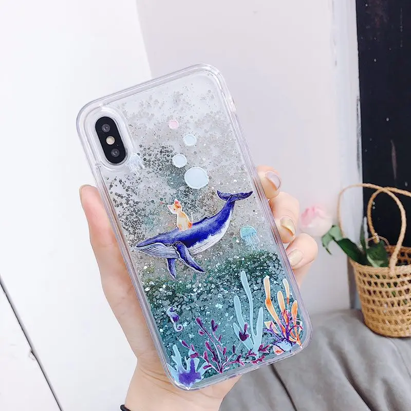 Whale Cat Чехол для воды жидкостный Мягкий силиконовый чехол для OPPO F1A F1S F5 Lite F7 F9 F11 Pro Realme C1 X 2 Pro блестящий чехол со звездой - Цвет: Whale Cat
