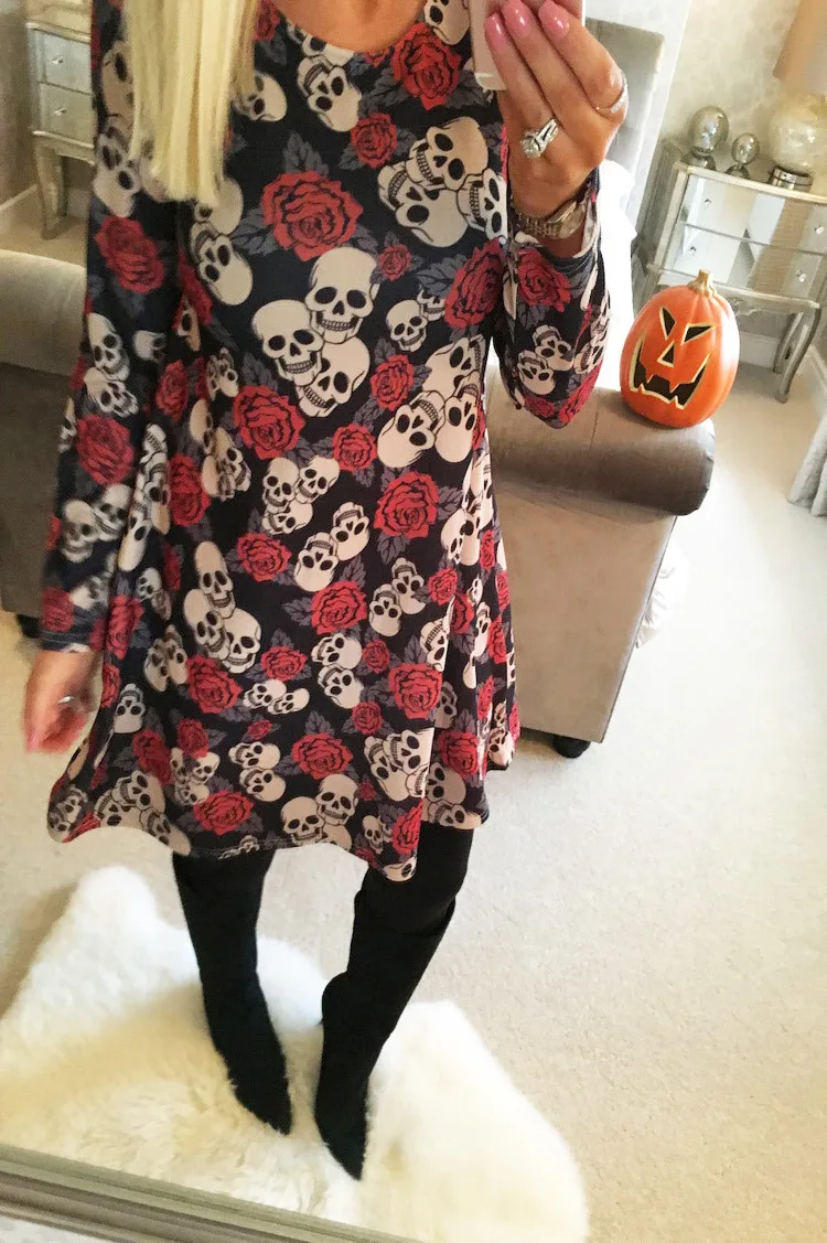 Halloween Christmas Wear Clothing Women Casual Dress Skull Print Long Sleeve Party O Neck Mini Dresses