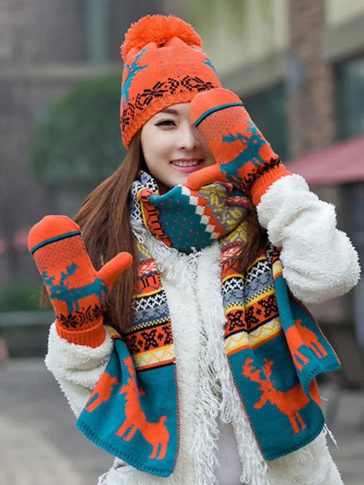 3PCS/Set Warm Winter Caps Scarf Gloves Hat Set Knit Thick Wool Lining Deer Christmas Costume Gift |