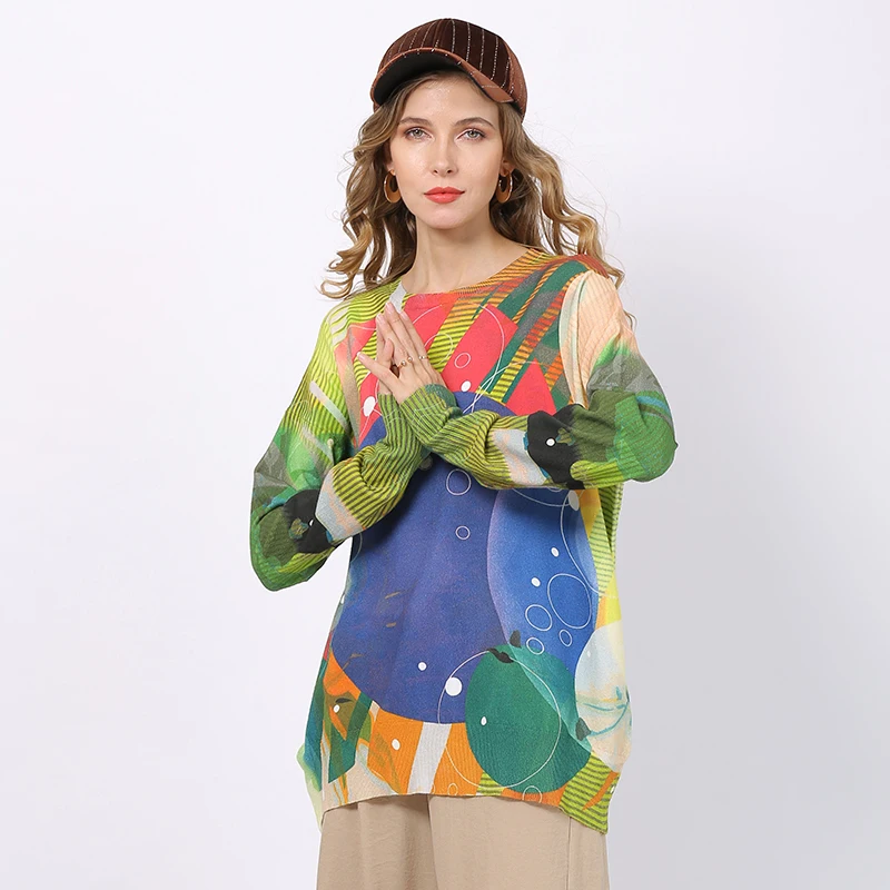 

Зимняя одежда для женщин длинные свободные свитера, платье с О-образным вырезом, платье с принтом, пуловер, свитер, Элегантный женский трико...