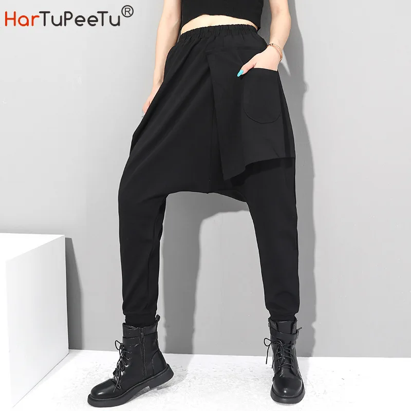 

Осень-зима 2020, черные брюки с крестиками для женщин, большие размеры, высокое качество, хлопковые брюки в стиле хип-хоп