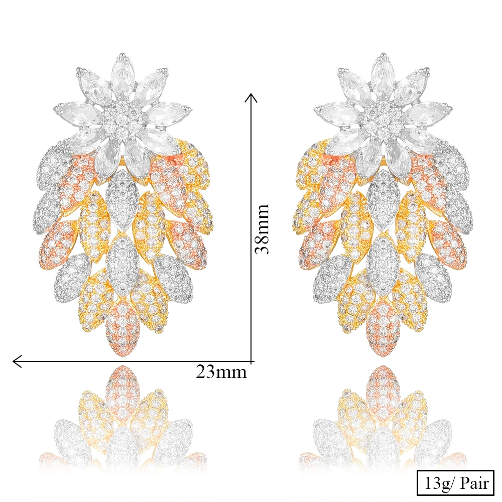 

Exclusive Tassel Shiny Drop Earring For Women Wedding Flower 3Tone Geometry Full Mirco Cubic Zircon Nigerian Earrings