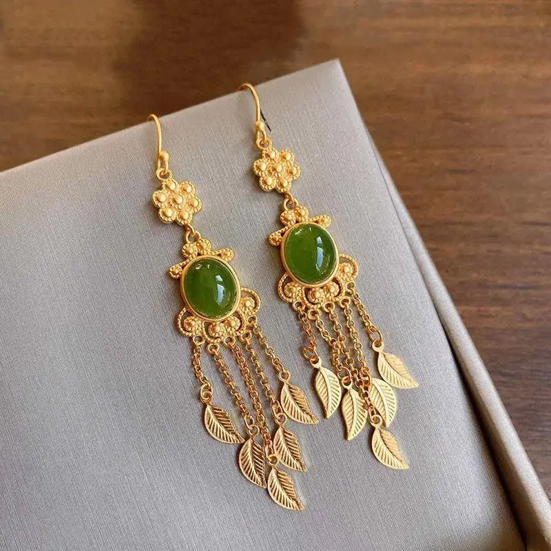 

Tassel Earrings Ethnic Style Natural Hetian Jade Green Jade Earrings Fairy Mori Style Super Fairy Chinese Style Antique Eardrops