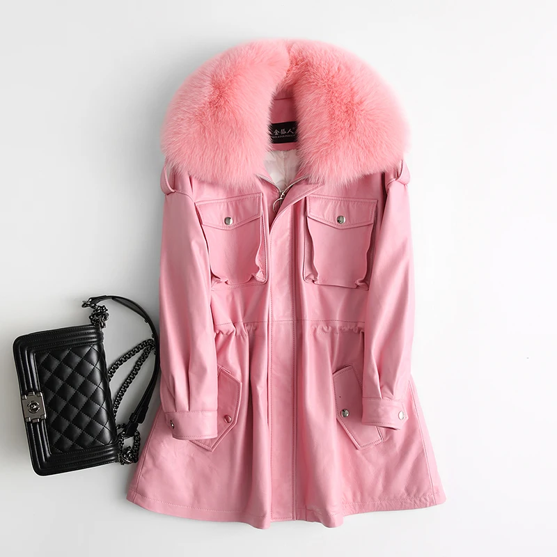 Korean Sheepskin Coat Female Jacket Real Genuine Leather Women Tops Fox Fur Collar Autumn Winter Pink Down Coats ZT1681 | Женская одежда