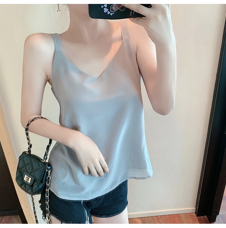 

Summer Women Simple Chiffon Camis Tops Girl Solid V Neck Chiffon Tank Tops Sleeveless T Shirts Femme Loose Tees