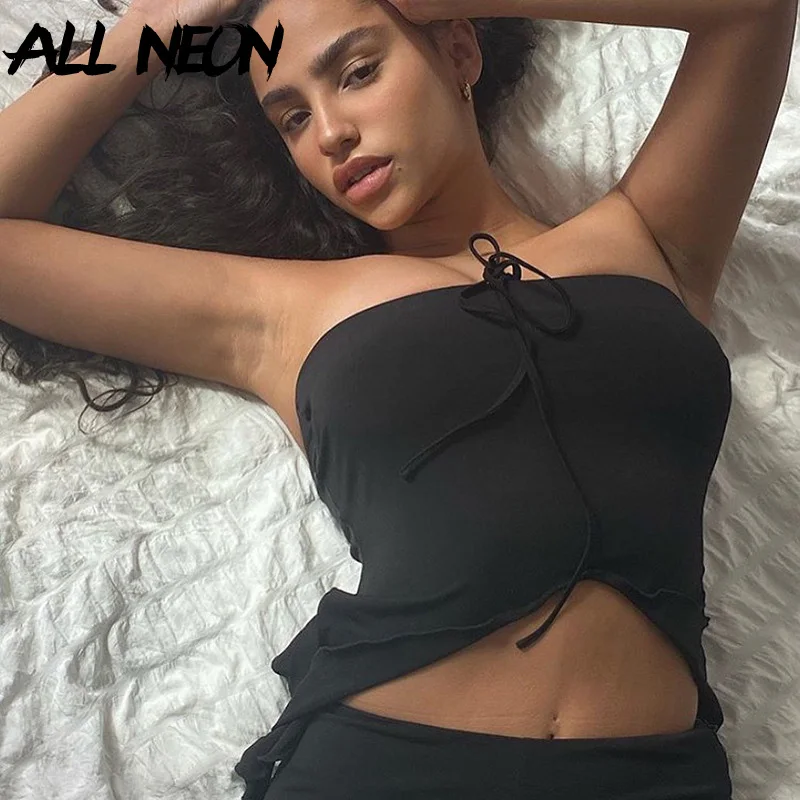 ALLNeon E girl эстетика Холтер с открытой спиной черные кроп топы Mall Goth без бретелек