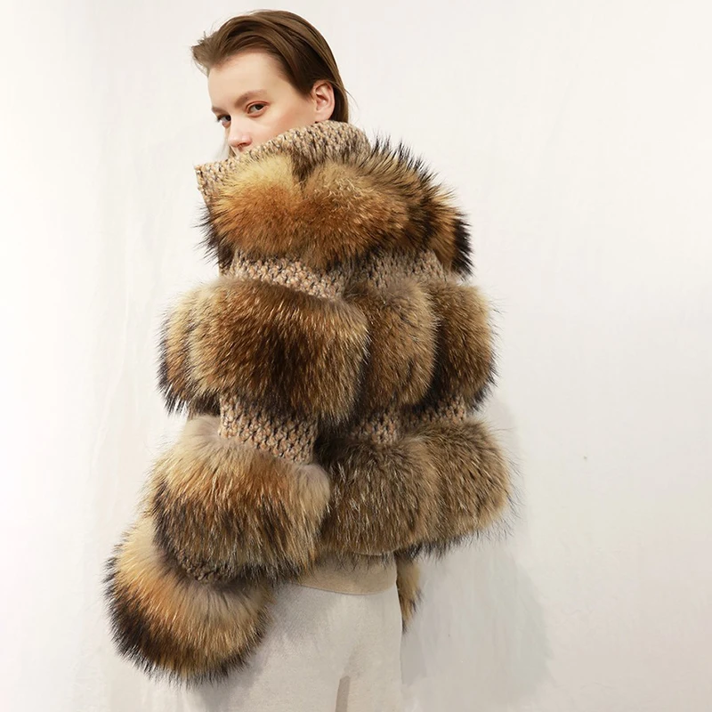 Женская Куртка Из Меха ЕнотТеплая ШерстянаяКороткая Молния Парка Натуральный