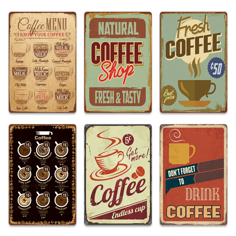 

New Cafe Shop Decorative Painting Fresh Hot Coffee Tin Sign Shabby Retro Iron Painting Metal Plate Plaque Tin Board Poster Decor