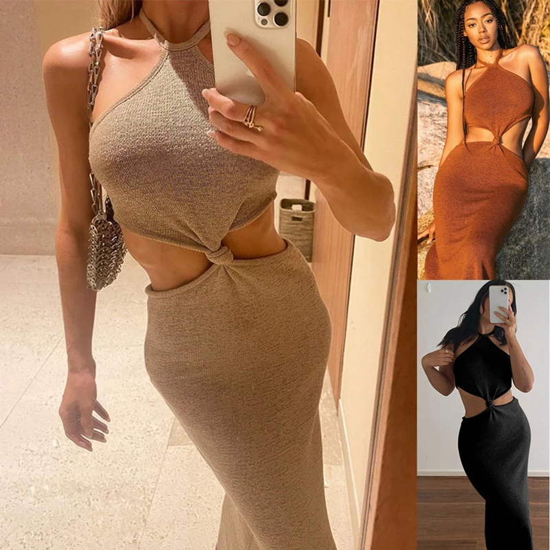 

2021 Fashion Street Elegant Sleeveless Sexy Halter Tie Cut-Out Midi Dress Party Club Backless Bodycon Summer Women's Clothing