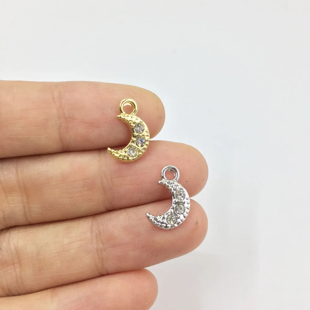 Eruifa 10pcs 10mm Moons with Rhinestone Zinc Alloy Charms Pendant Jewelry DIY Handmade 2 colors |