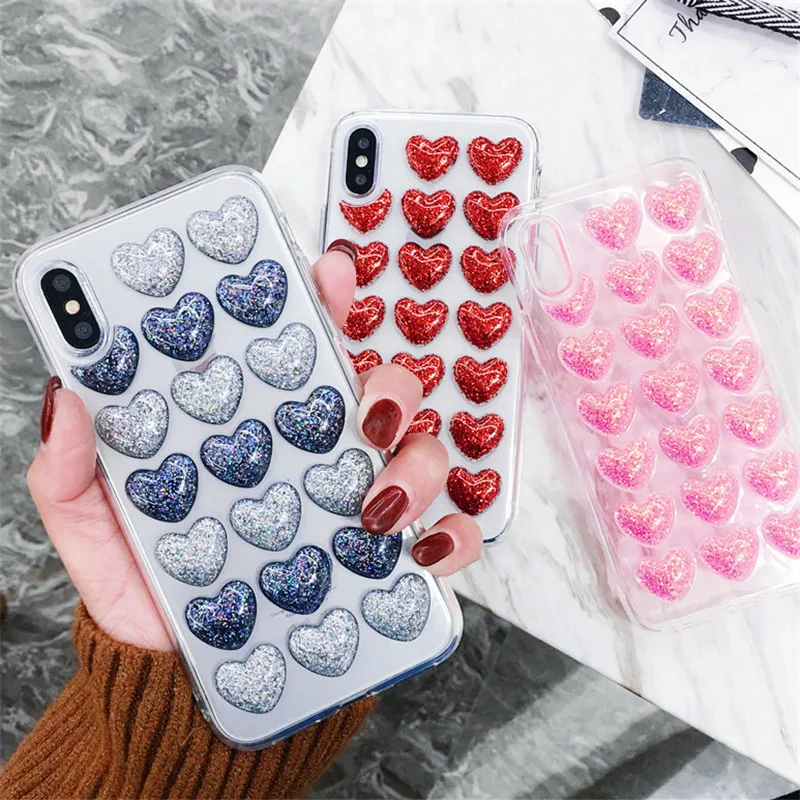 Модный сверкающий Блестящий силиконовый чехол с сердечками для iPhone 7 8 XR XS Max 6 6s Plus 5 SE задняя крышка 3D Love блестки мягкий чехол