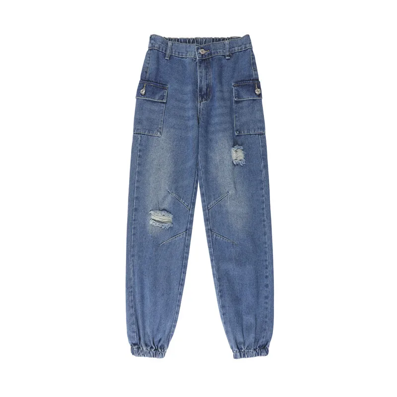 

New High Quality Elastic Straight Women Super Large Lantern Jeans Holes Spring Elastic Waist Full Length Casual plus size 26-40