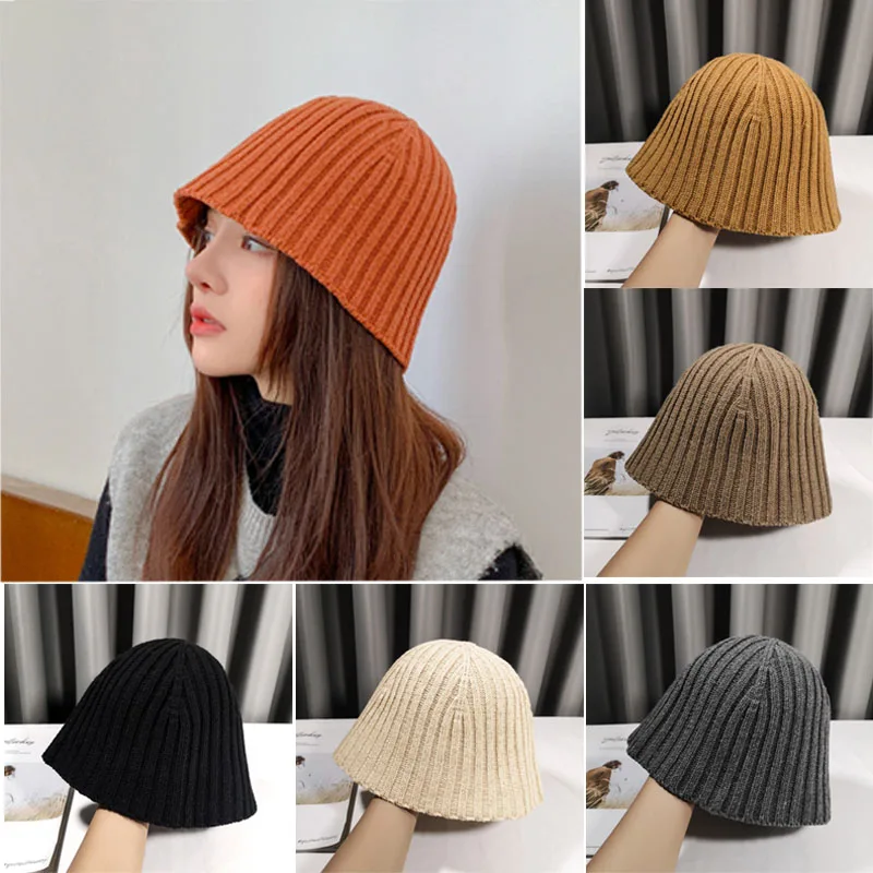 

Fashion Women Autumn Winter Knitted Bucket Hat Solid Color Soft Panama Caps Girls Female Bonnet Outdoor Ladies Beanies Hats
