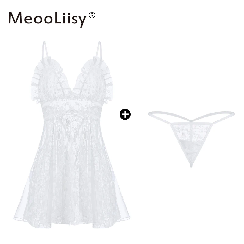 

MeooLiisy Lace Sexy Lingerie Transparent Hot Porno Erotic Underwear Ladies One-piece Sleepwear with G-string Nightgown