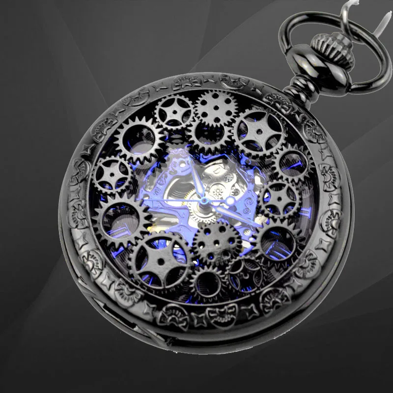Black Steel Mechanical Pocket Watch Steampunk Vintage Gear Analog Skeleton Hand Winding Mechanical Pocket Watch