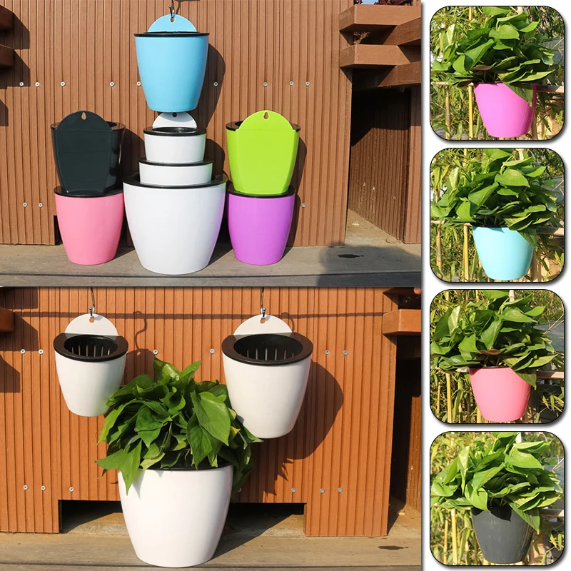 

1Set Flower Pots Self Watering With Hook Plants Nursery For Garden Balcony Creative Wall Hanging Succulents Pots Gardening Decor