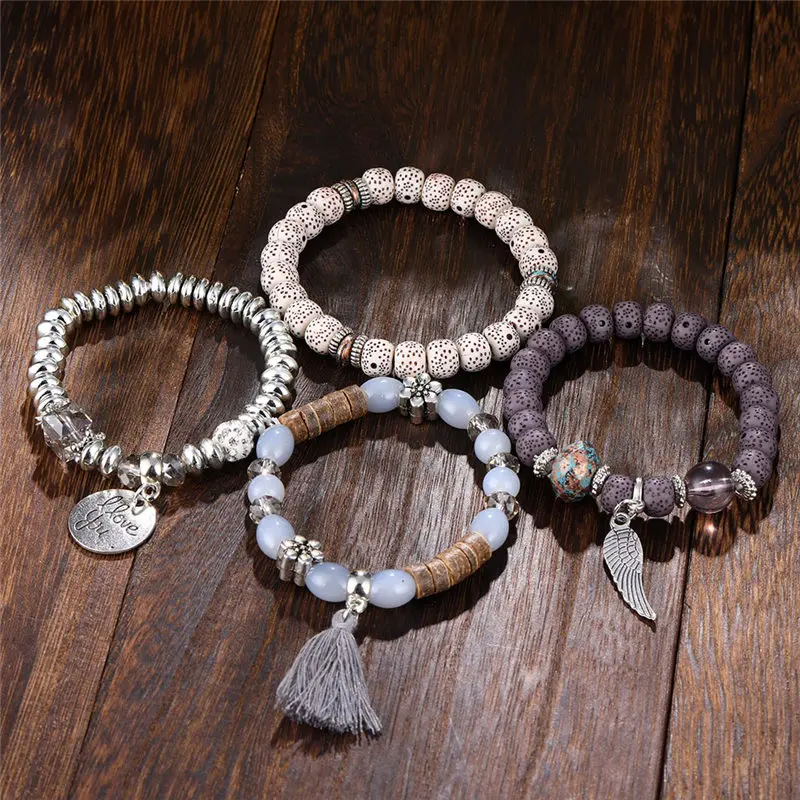 Женский браслет с бусинами и кисточками комплект из браслета кольца кристаллами