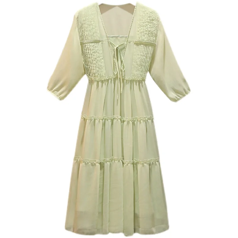 

4XL Plus Size Women Two Piece Dress 2021 Sexy Sling and Lacing V-Neck Pleated Patchwork Ruffle Loose Chiffon Fairy Dresses