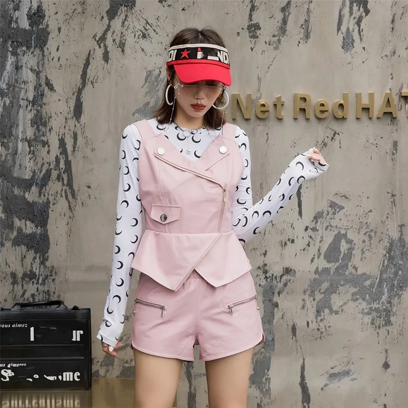 

Women Sheepskin Fashion Sling Sleeveless Vest Slim Fit Motorcycle Biker Genuine Leather Jacket Suspenders Waistcoat Outwear Vest