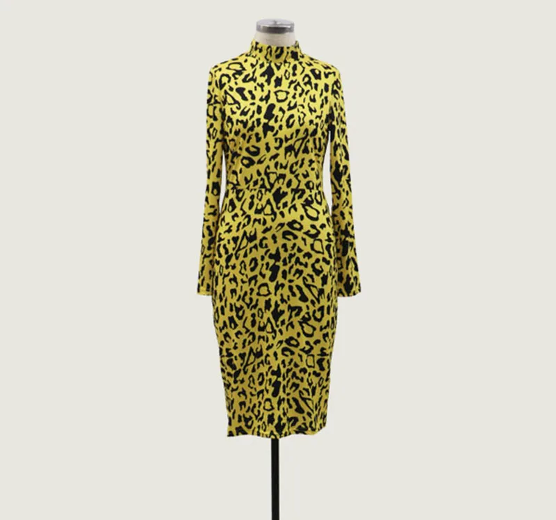 Women Sexy Vestidos Stand Neck Leopard Print Bodycon Long Sleeve Dress Party Club Midi | Женская одежда