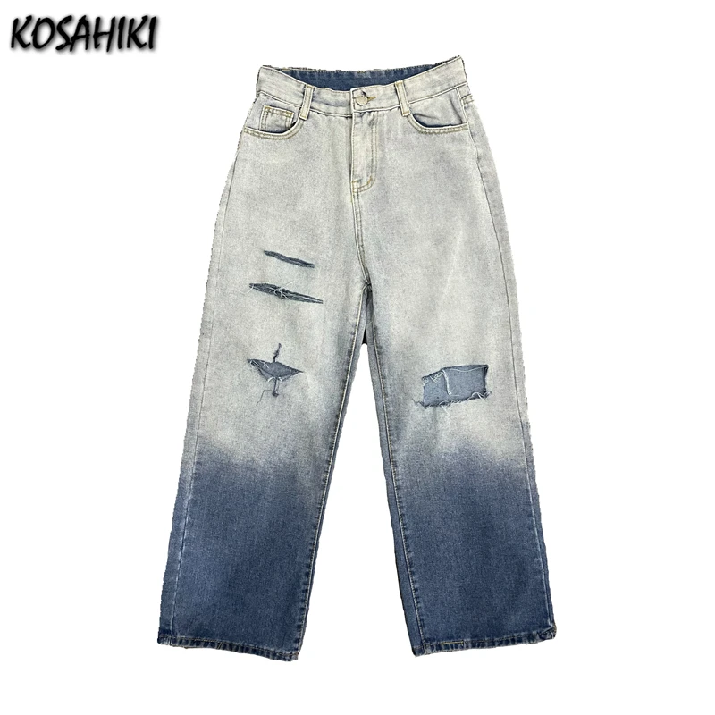 

KOSAHIKI Vintage Mom Jeans High Waisted Jeans Woman Ripped Boyfriend Jeans Women Korean Style Streetwear Jeans Blue Denim Pants
