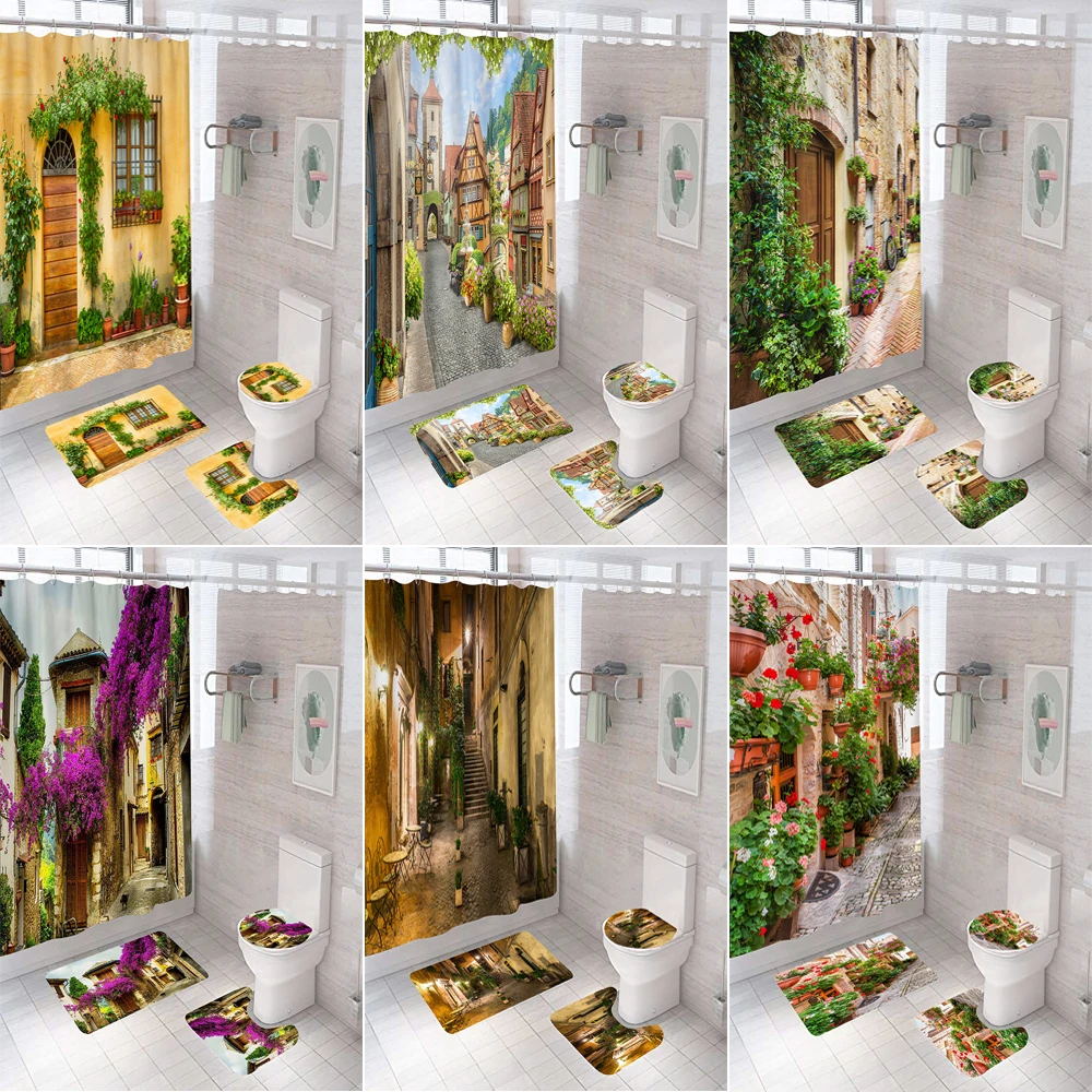 

3D Romantic Street Alley Pattern Shower Curtain Colorful Flowers Bathroom Curtains Anti-skid Rugs Toilet Lid Cover Bath Mat Set