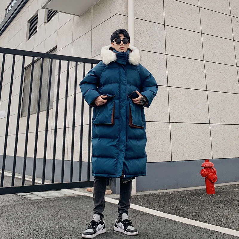 Contrast Color Large Fur Collar Cotton Coat Men's Winter Thick Coat Long Loose Cotton Coat Warm Hooded Cotton-Padded Jacket