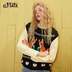 Женский трикотажный пуловер ELFSACK, Черный Принт белки в стиле преппи, свитер без рукавов с v-образным вырезом, Повседневный, зима 2020