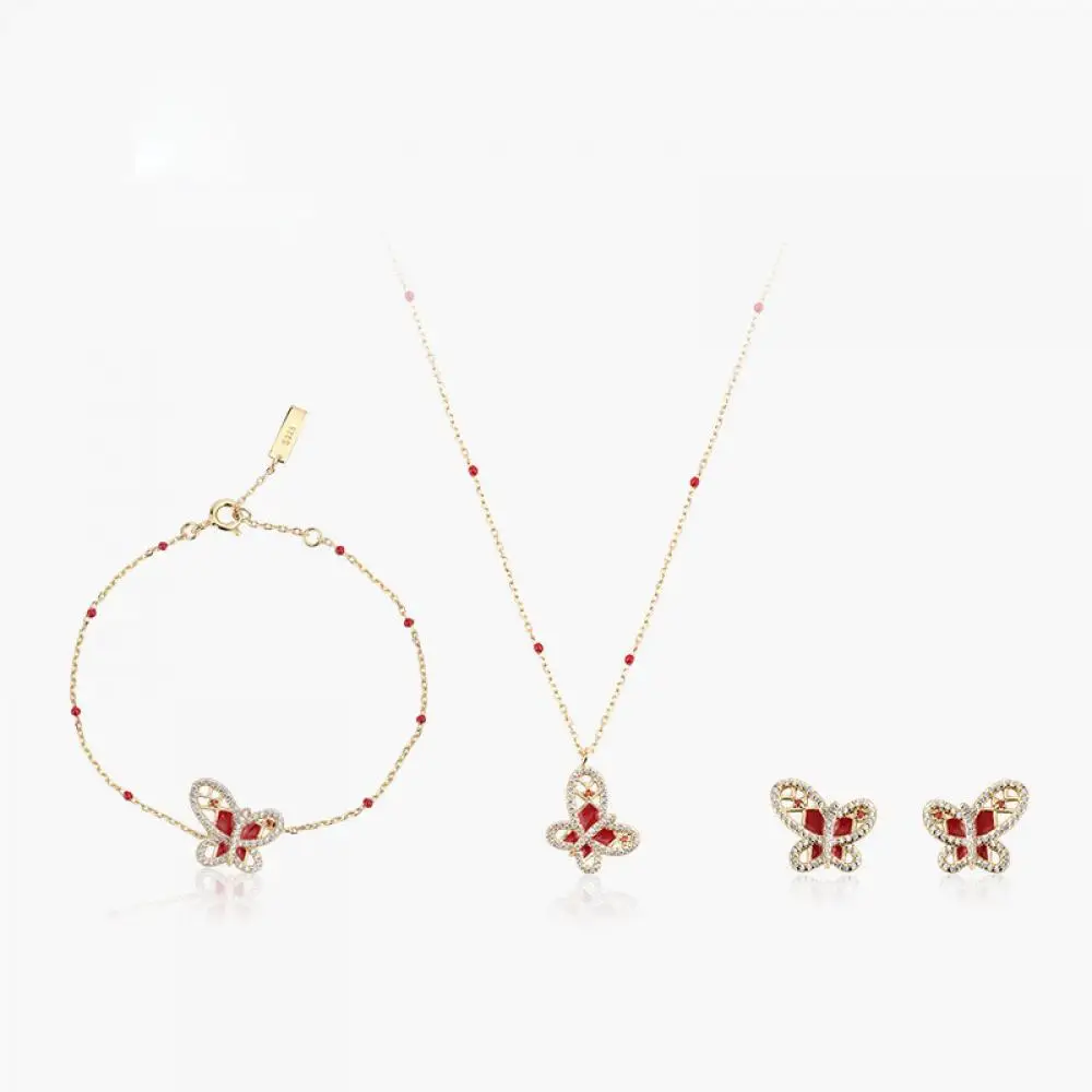 HOYON Chinese Style Exquisite Butterfly Jewelry Set Ancient Gold Craftsmanship Enamel Pendant Necklace Earrings Bracelet