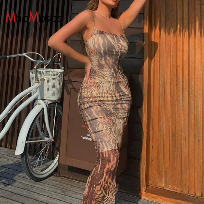 

MHCMBSBS Sexy Strap Vintage Print Slit Maxi Dress Women Mesh Fashion Boho Beach Party Robe 2021 Summer Elegant Y2K Clothing
