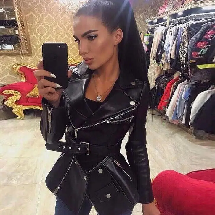 Rock Motorcycle Biker Genuine Leather Women Zipper Real Sheepskin Slim Fit Black Jacket Coat Female New Winter Autumn Outwear
