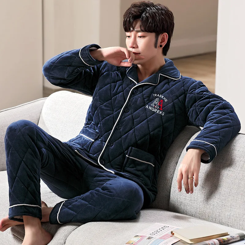 Sleeping Suit for Men Button Up Pajama Set Turn Down Collar Plus Size Pajamas Flannel Thicken Winter Warm Sleepwear Homewear