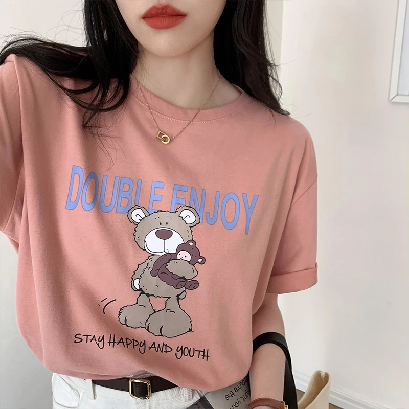 

Korean Version Of The Loose Cartoon Bear All-Match Short-Sleeved T-Shirt Women 2021 New Summer Fashion Retro Women'S Tops Women