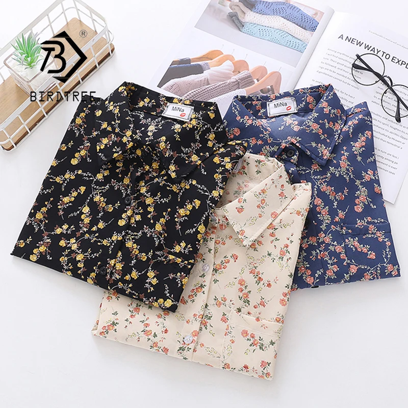 

Spring New Women Vintage Loose Letter Floral Shirt Long Sleeve Button Up Chiffon Blouse Turn-Down Collar Autumn Casual Tops T094