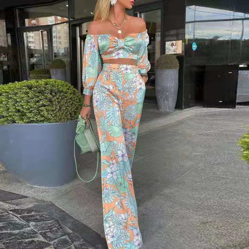 

Autumn Women Fashion Floral Printed Two Piece Chic Outfit Spring Lady Elegant Sexy Off Shoulder Blouse+Wide Leg Long Pants Suits
