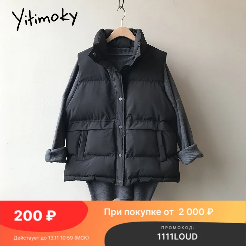 

Yitimoky Loose Waistcoat Vest Womens Sleeveless Jacket Coat Winter Streetwear Oversized Korean Fashion Tops Black 2021 Fall New