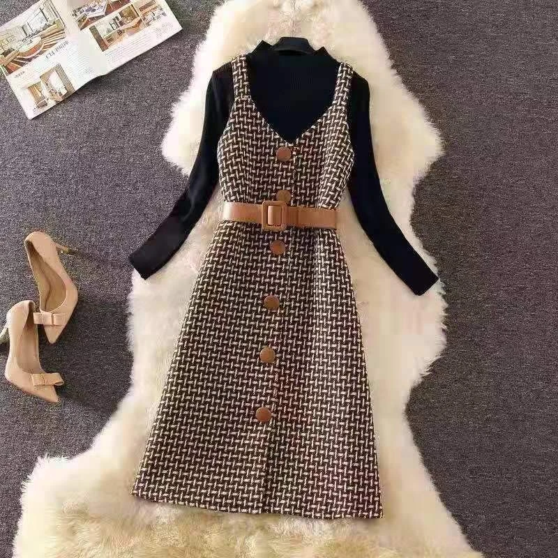 Женский комплект из двух предметов винтажный свитер и платье в клетку на