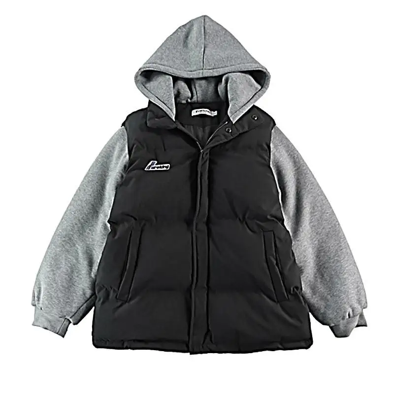 HOUZHOU Men's Padded Winter Jackets for Men Padded Coats Warm Hoodies Black Khaki Casual Korean Streetwear Harajuku Patchwork