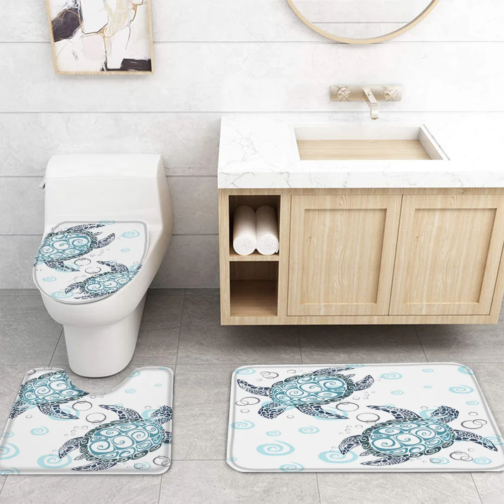 Bathroom Waterproof Shower Curtain Turtle Sea Bubble Deep Blue Pedestal Rug Lid Carpet Toilet Cover Set Bath Mat | Дом и сад