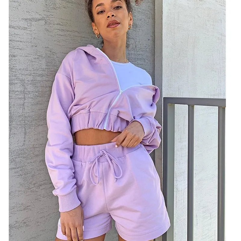 

New Spring Fashion 2Pcs Sports Clothing Suit Casual Womens Girls Zipper Sweater Hoodie Long Sleeve Hoodies+High Wait Shorts Sets