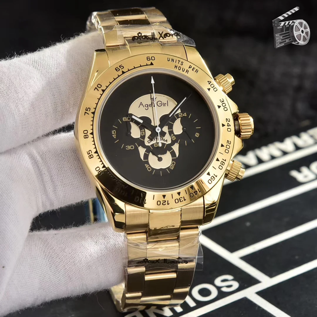 Gold Black Роскошные брендовые новые мужские японские кварцевые Серебристые черные розовые золотые часы из нержавеющей стали с хронографом сапфировые керамические багет с черепом - Цвет: Gold Black