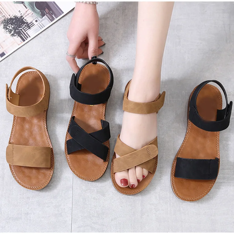 

2021 Summer Women's Sandals PU Hook Loop Woman Flat Shoes Open Toe Classic Ladies Sandals Casual Rome Soft Leather Beach Shoes