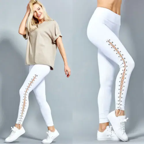 

Women Stretchy Jeggings Ankle Length Cross Bandage Workout High Waist Fitness Elastic Sides Lace up Pants White Black Trousers