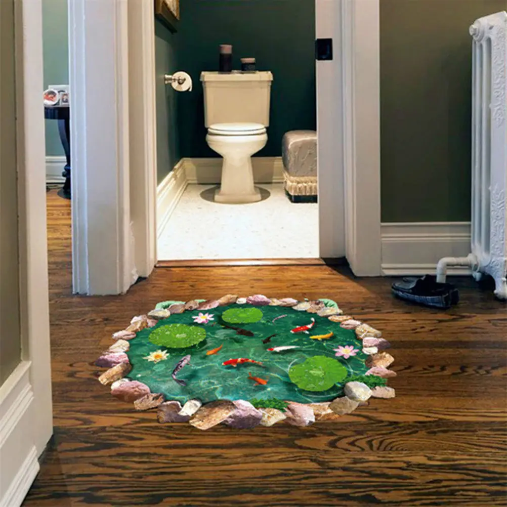 

3D Novelty Waterproof Removable Goldfish Lotus Decal Fishpond Cute Floor Stickers Living Room Home Decorations Wallpaper 60*90cm