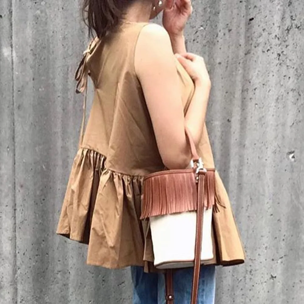 Женская плиссированная рубашка без рукавов коричневая Повседневная офисная