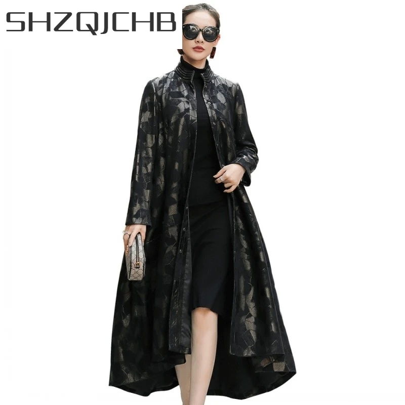 

JCHB 2021 Luxury Brand Autumn Winter Sheepskin Coat Thick Windbreaker Women Long Stand Collar A-Line Genuine Leather Jacket Lady