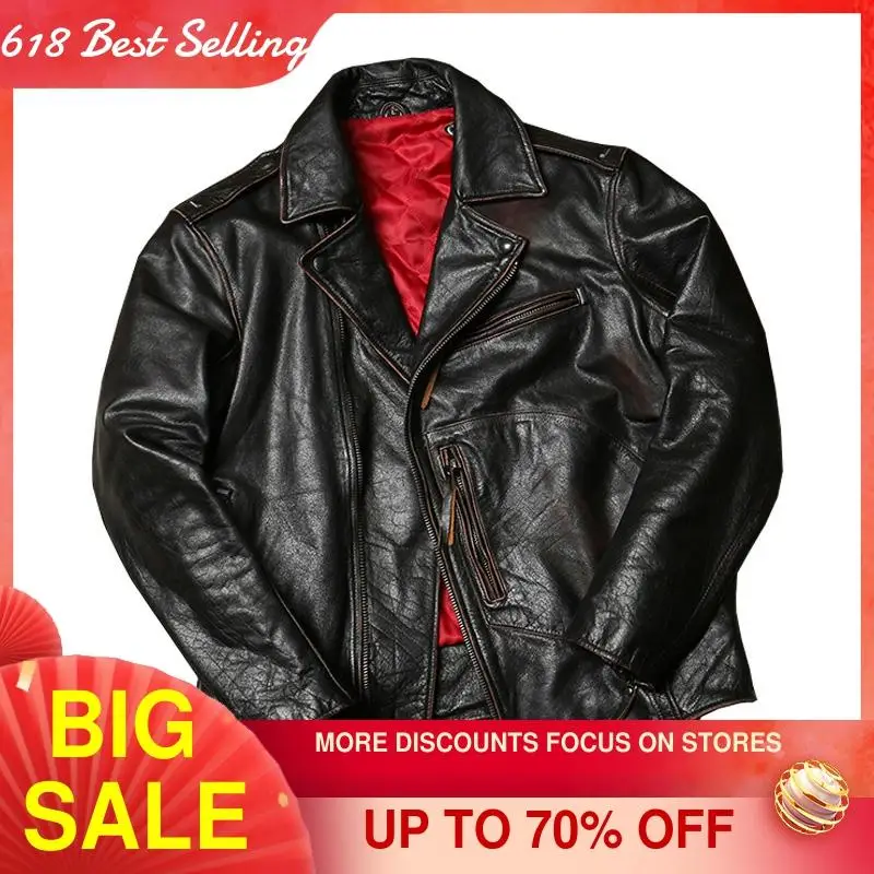 

2021 Retro American Style Biker's Leather Jacket Large Size 6XL Genuine Thick Natural Cowhide Winter Slim Fit Motorcycle Coat