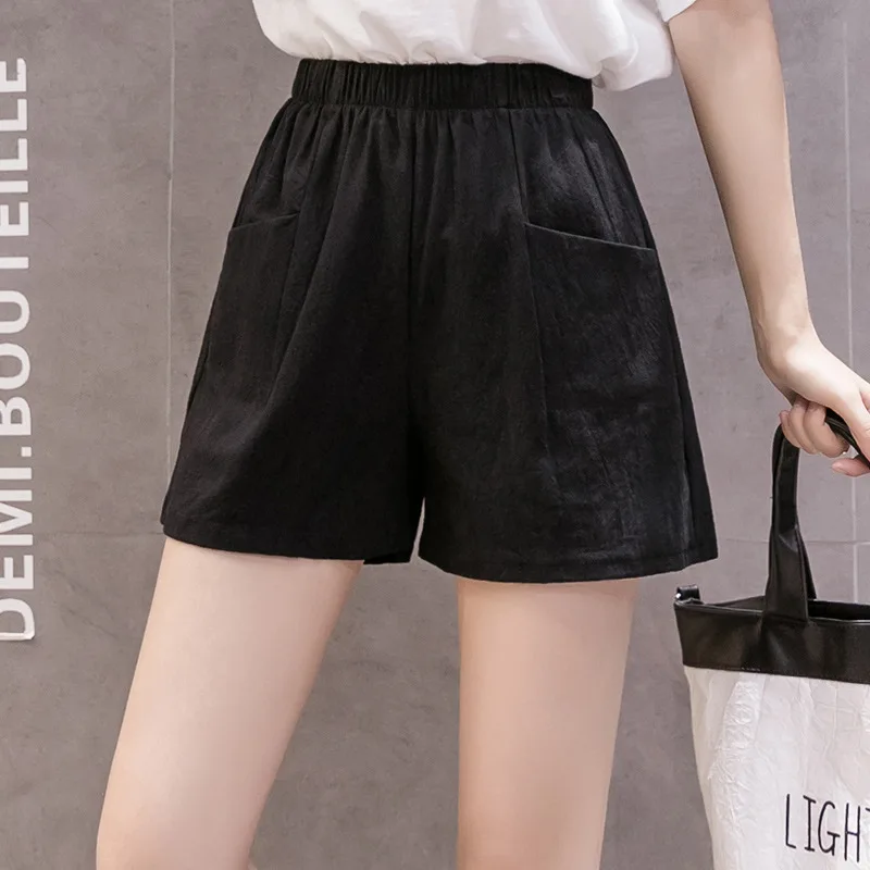

Womens High Waist Cotton Casual Shorts Summer Linen Loose Korean Solid Pocket Pants Female Summer Plus Size Thin Wide-Leg Bottom