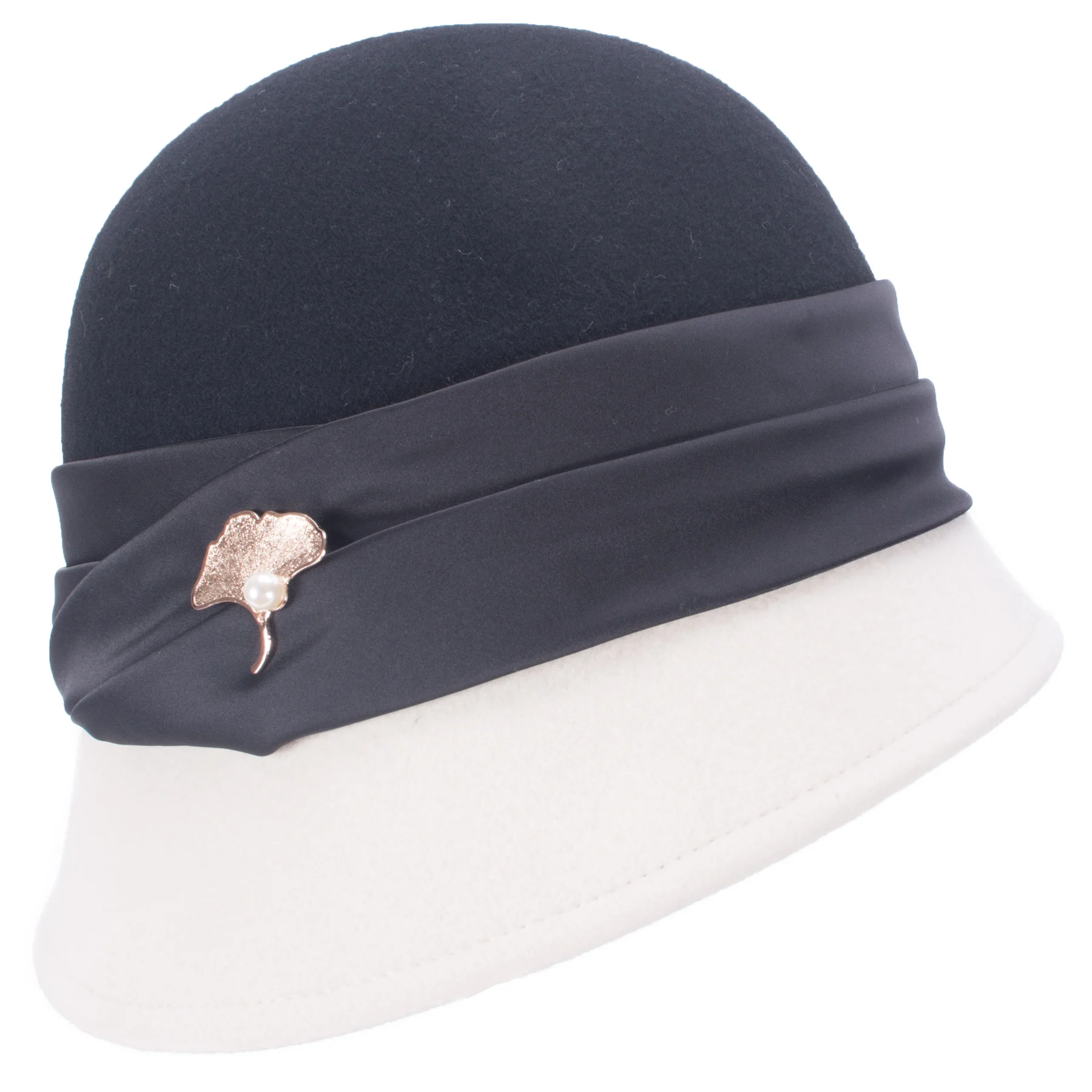 

Womens leaf brooch Vintage Style Asymmetrical Brim Cloche Wool Felt Hat Millinery T488